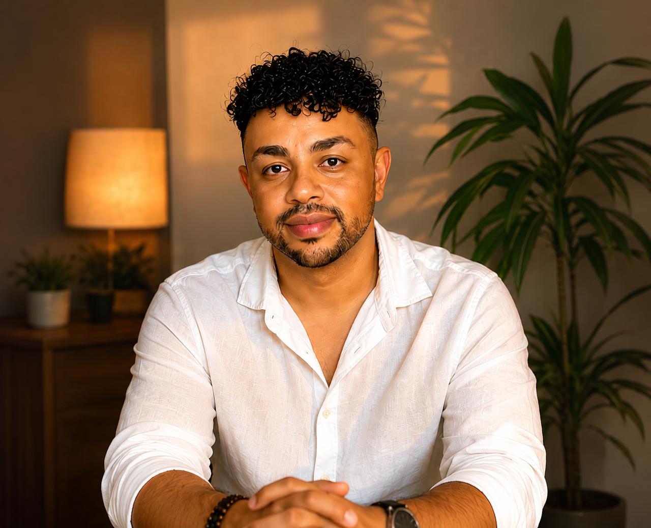 Retrato de Luciano Pimenta Dias, psicólogo, de expressão acolhedora